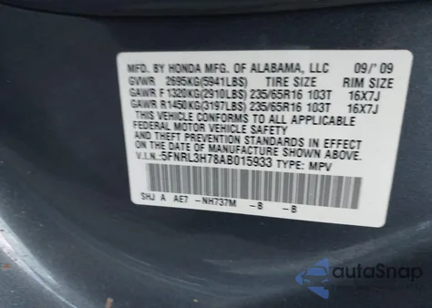 2010 Honda Odyssey Exl z USA, uszkodzony, nr VIN 5FNRL3H78AB015933